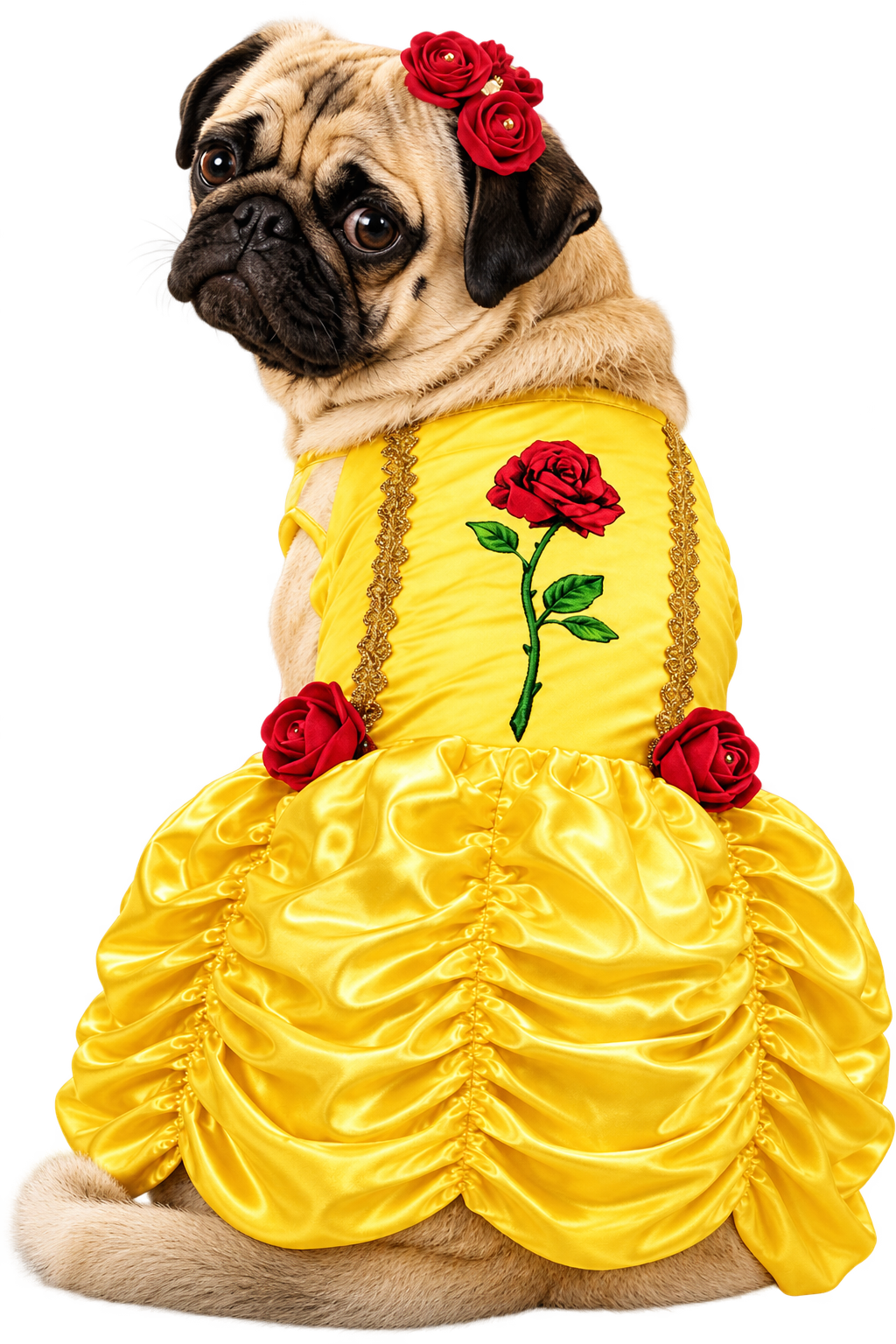 Pug con vestido amarillo de princesa Bella, rosas rojas y accesorio floral en la cabeza
