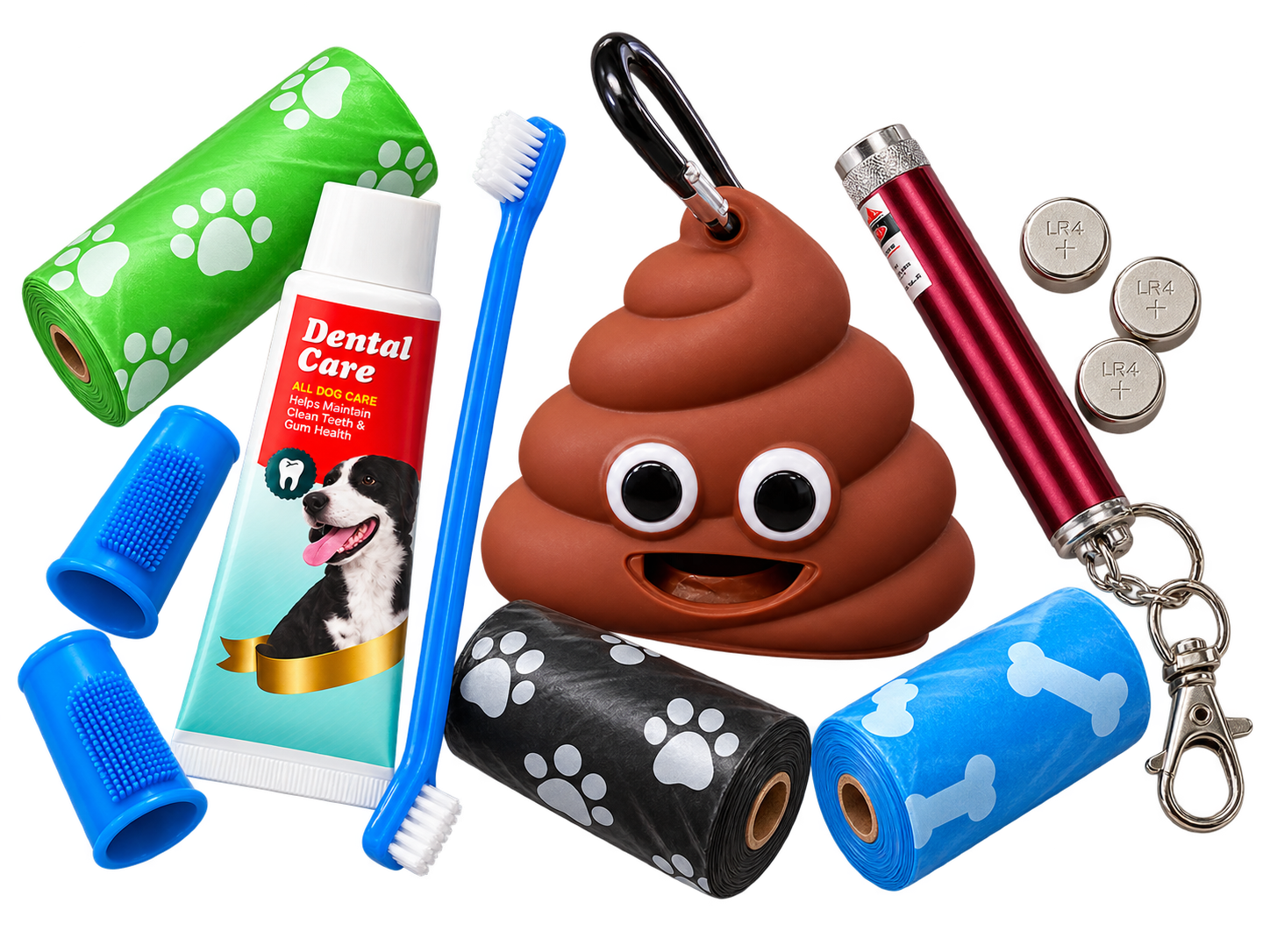 Kit dental, cepillo de dientes, juguete láser, dispensador emoji y rollos de bolsas para popó de Pet Guardians