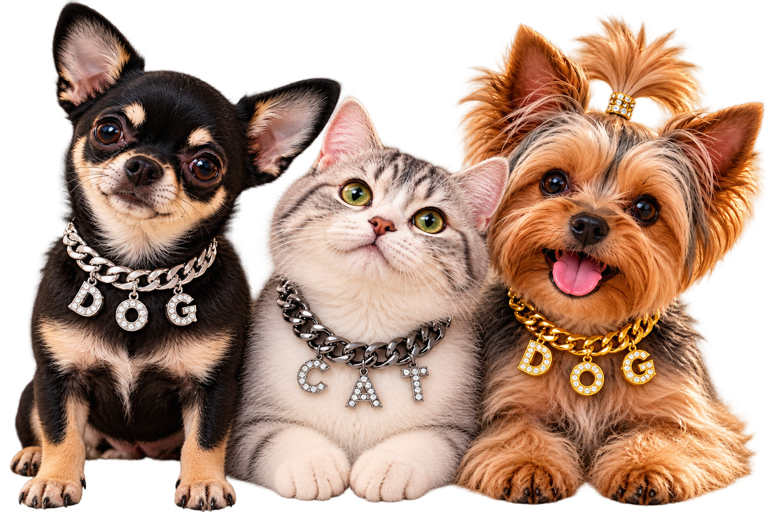 Perros y gato luciendo Cadenas Pet Guardians