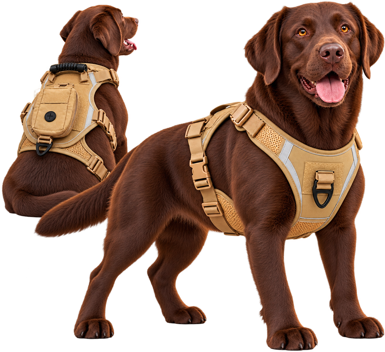 Dos perros café luciendo la Pechera Militar beige, de frente y de espalda