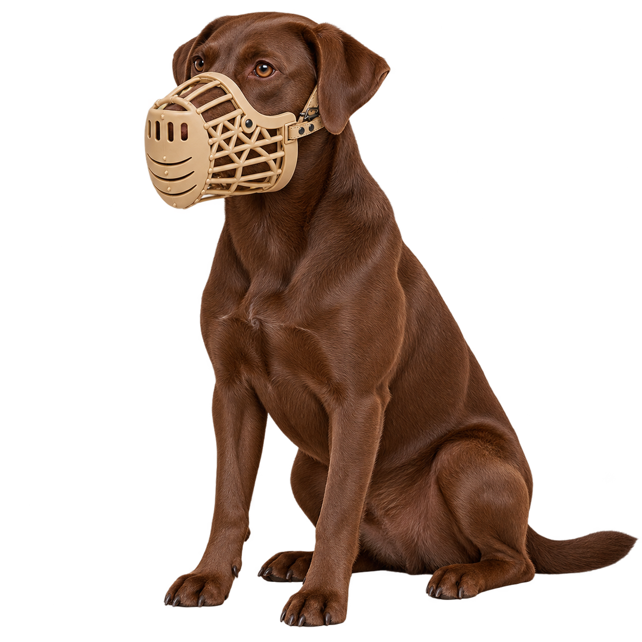 Perro labrador café sentado con el Bozal Canasta beige