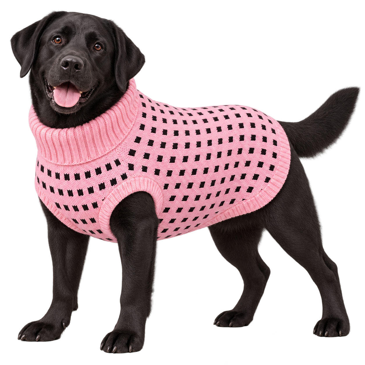 Labrador negro con saco tejido rosado y puntos negros, talla 5XL