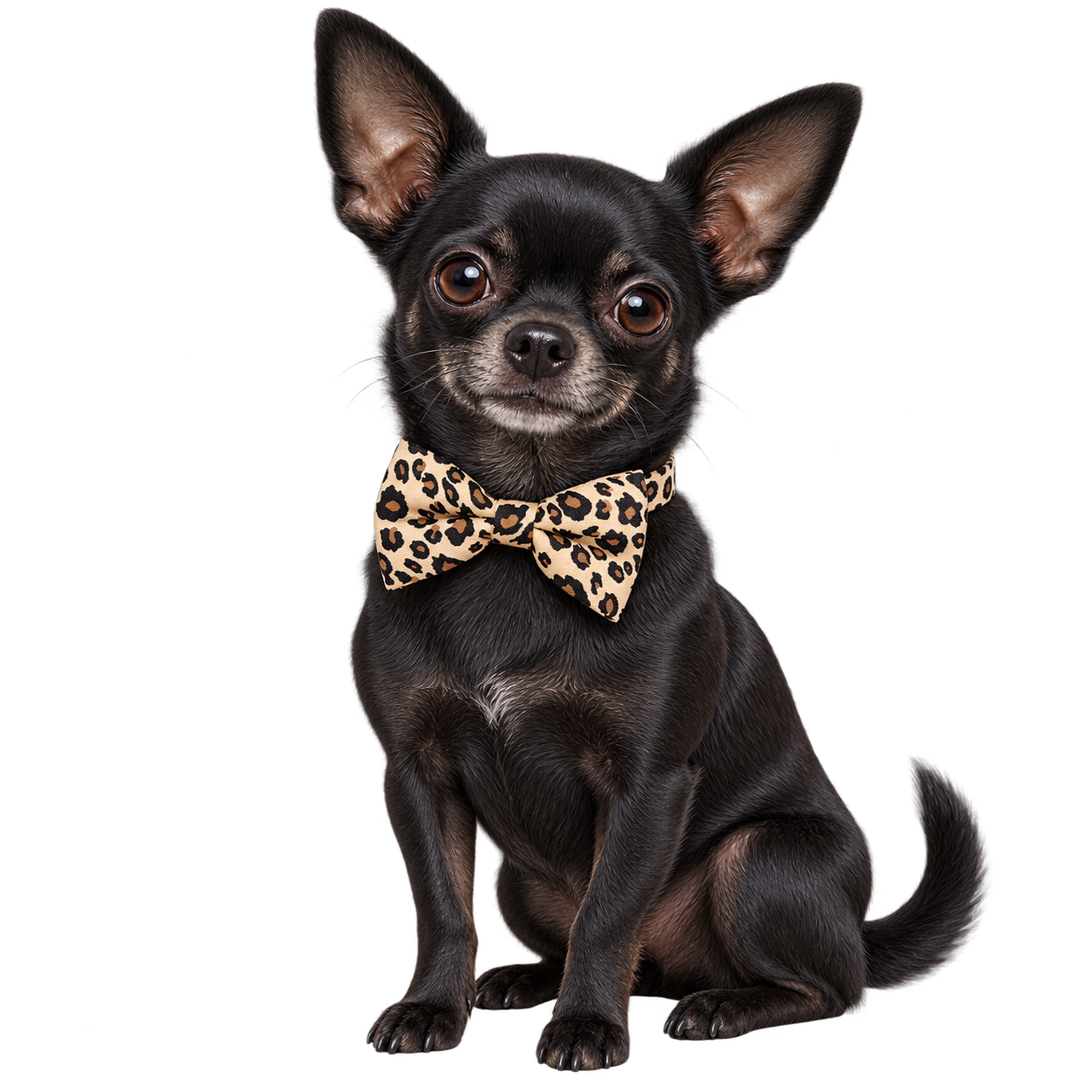 Chihuahua negro luciendo corbatín de leopardo