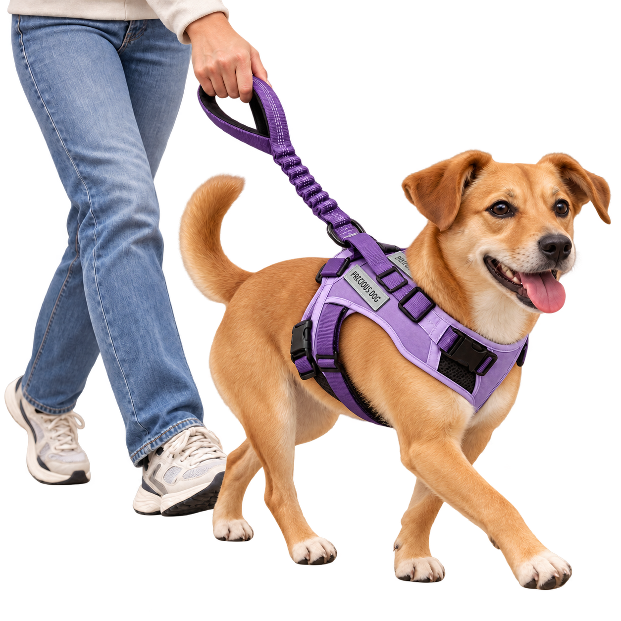 Perro con la Pechera Precious Dog morada paseando con su correa integrada sujetada por una persona