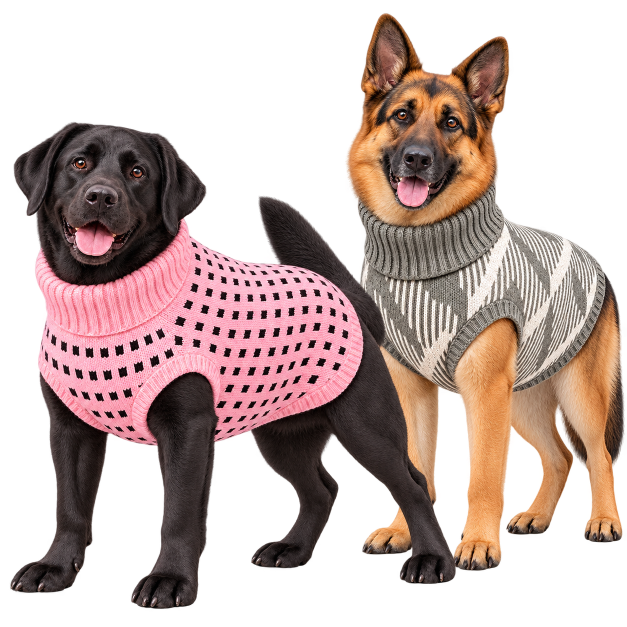 Labrador negro con saco tejido rosado y pastor alemán con saco tejido gris