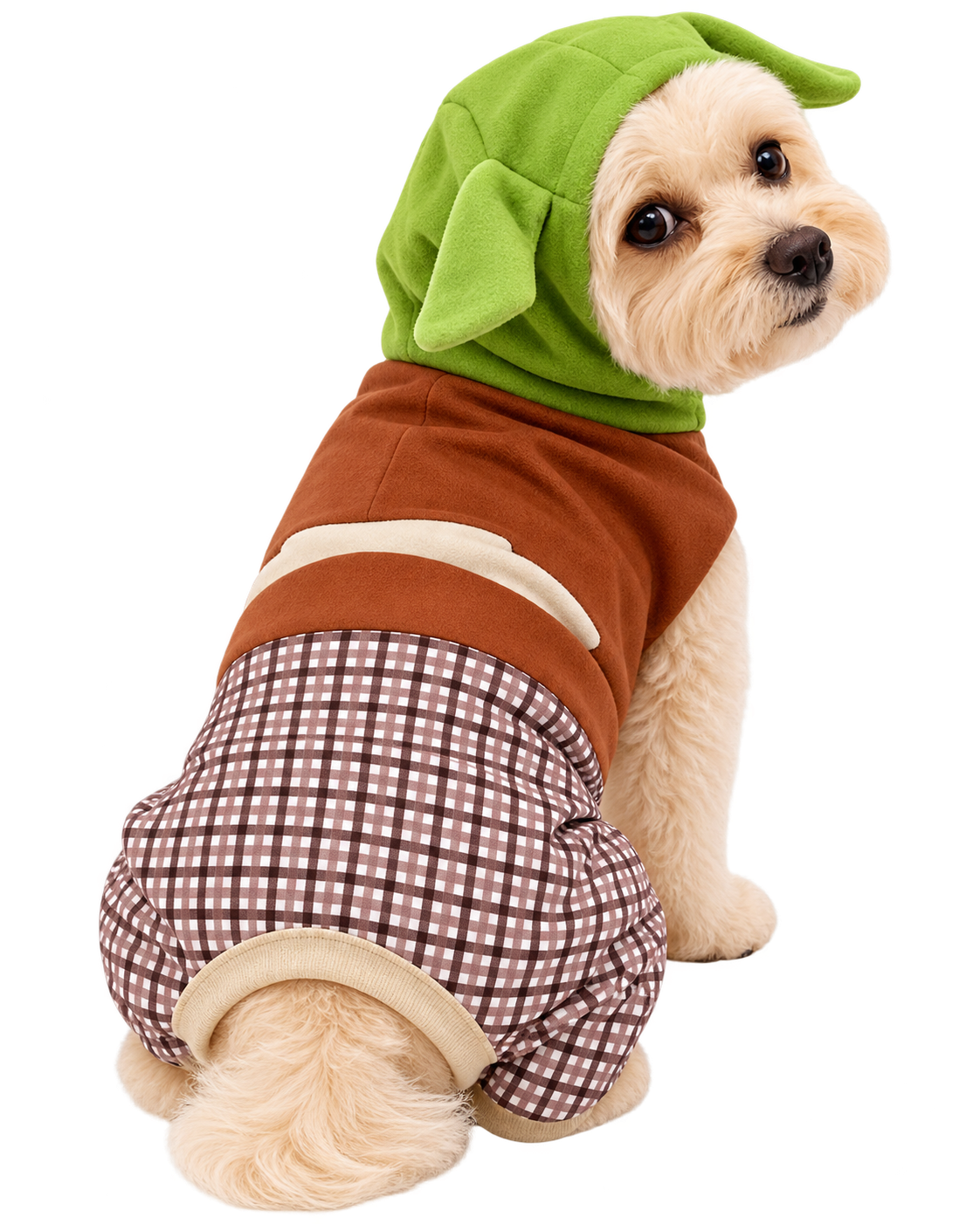 Perro con disfraz de Shrek, capucha verde y traje café a cuadros