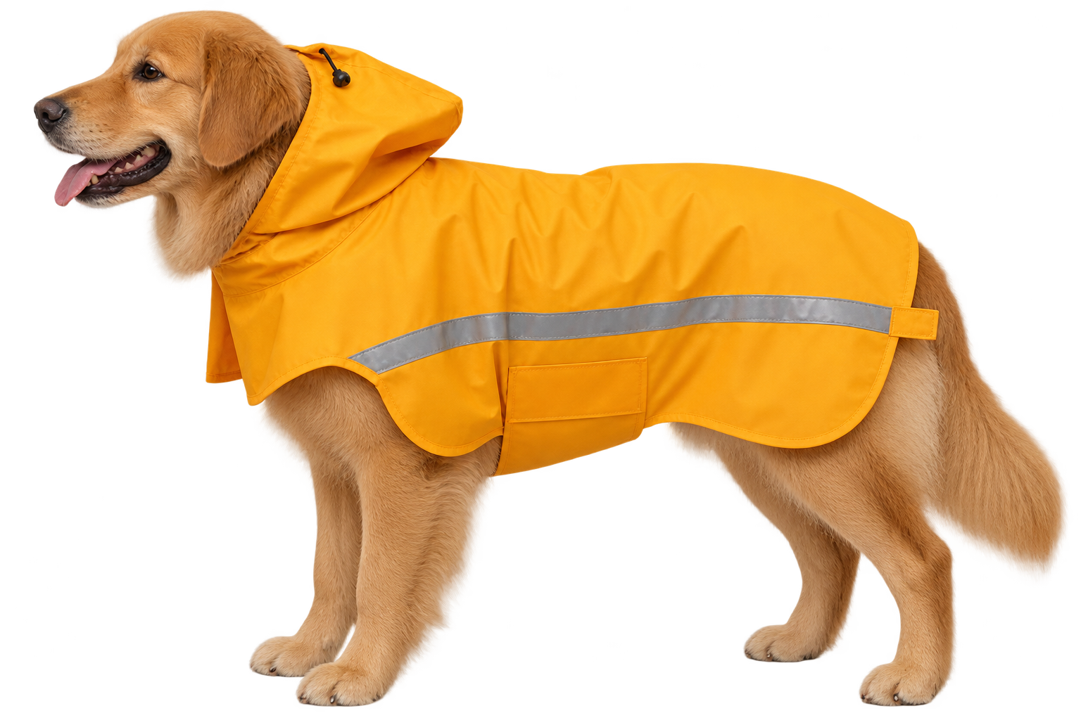 Ejemplo de impermeable amarillo anaranjado para lluvia usado por un perro
